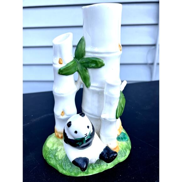 Bone China Panda Bear Bamboo Trees Lucky Bamboo Vase Three Hole Planter Vase VTG - Picture 1 of 13